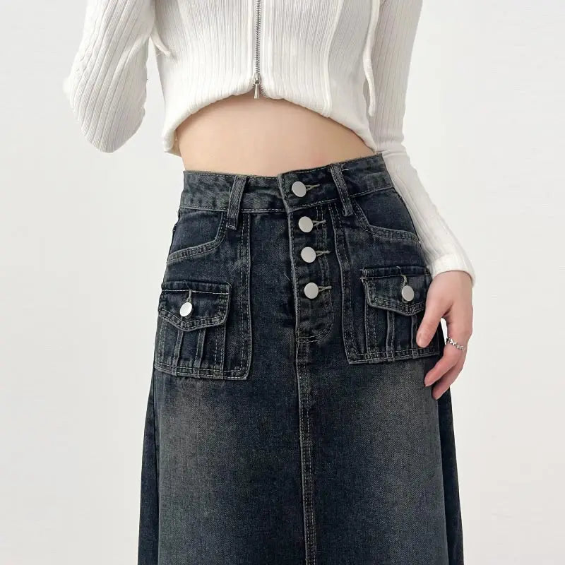 Y2K High Waist Cargo Denim Long Maxi Skirt