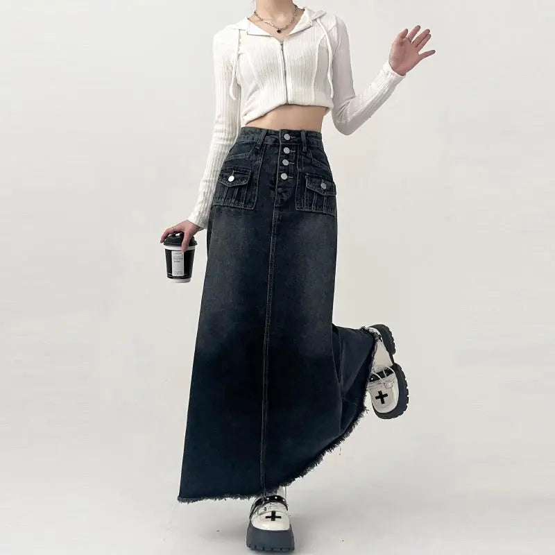 Y2K High Waist Cargo Denim Long Maxi Skirt