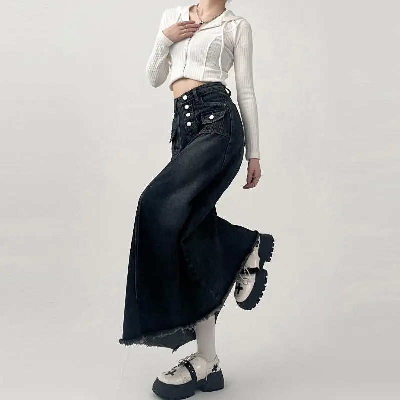 Y2K High Waist Cargo Denim Long Maxi Skirt