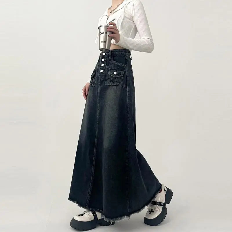 Y2K High Waist Cargo Denim Long Maxi Skirt