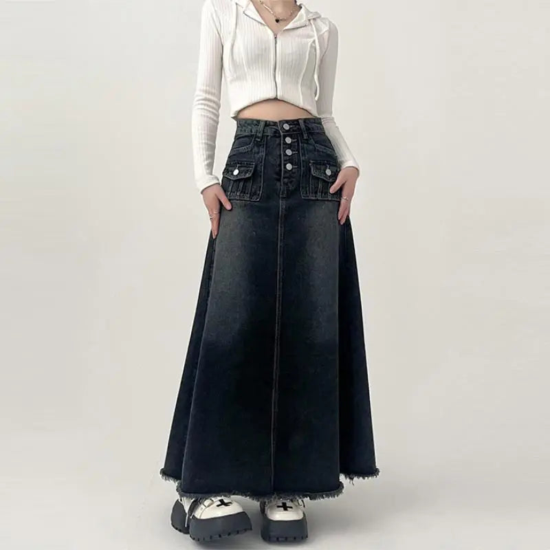 Y2K High Waist Cargo Denim Long Maxi Skirt