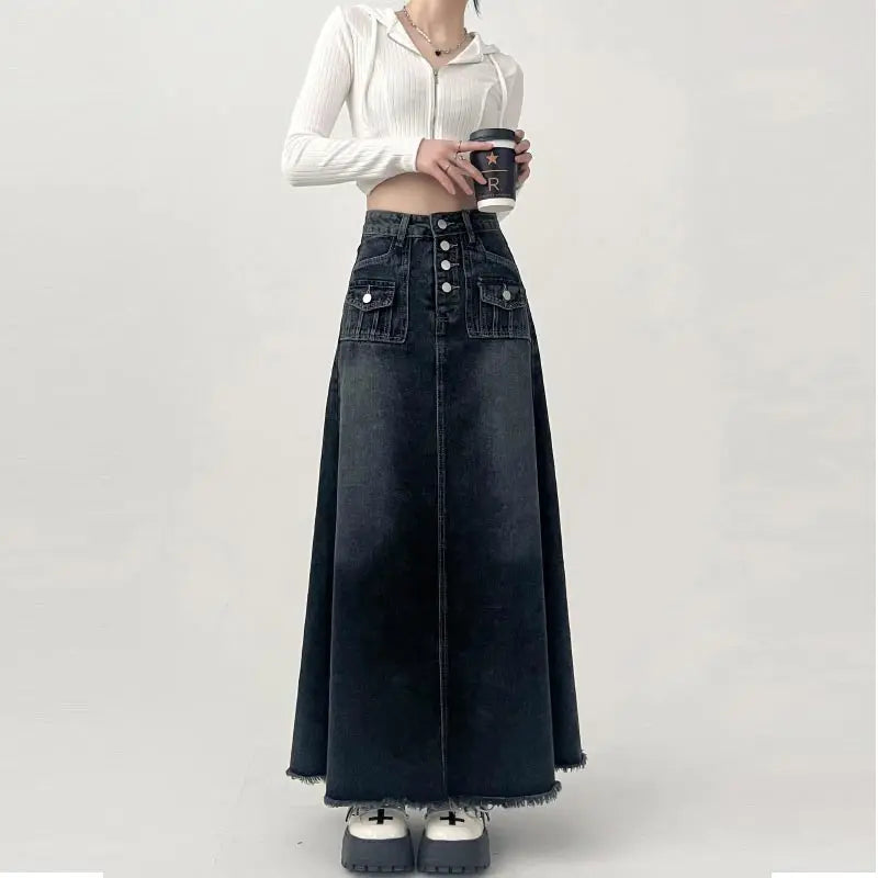 Y2K High Waist Cargo Denim Long Maxi Skirt