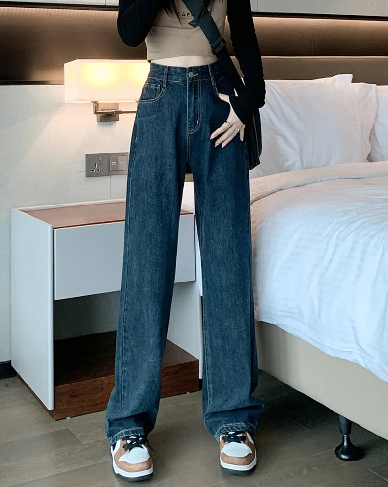 Y2K High Waist Dark Blue Straight Essential Denim Jeans