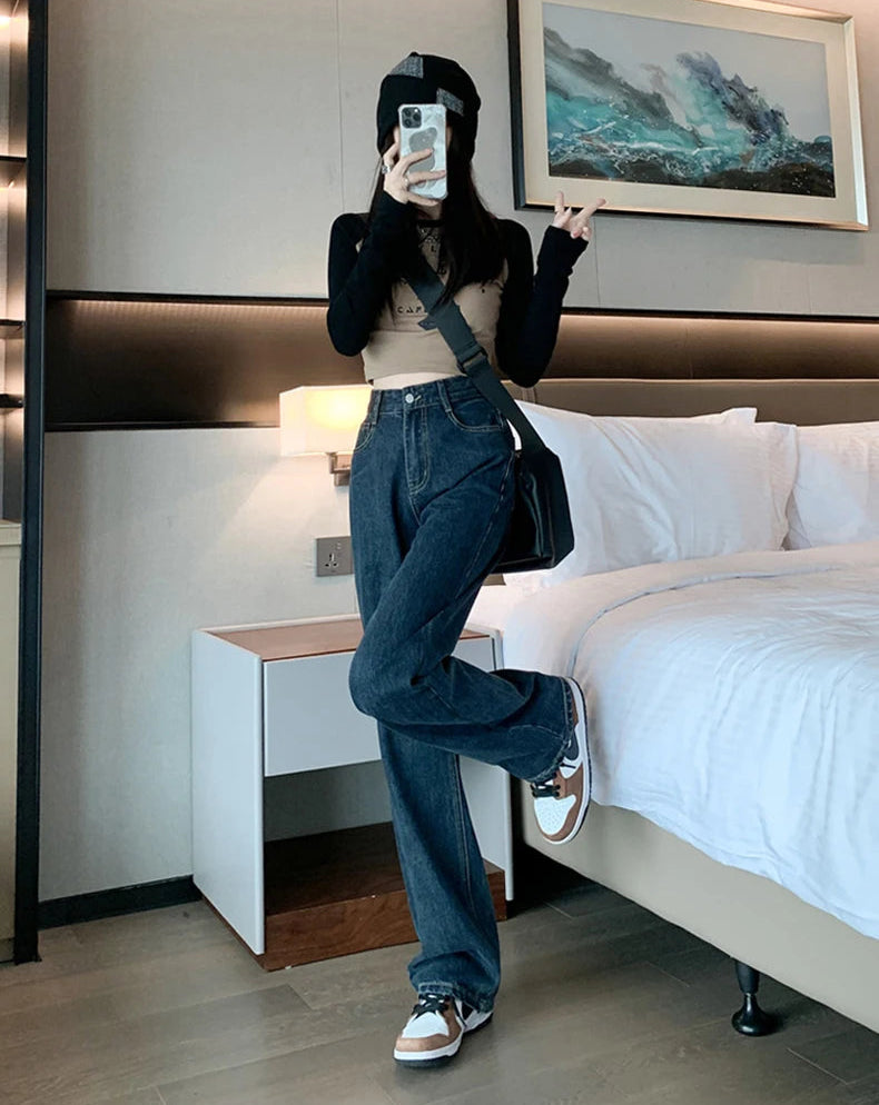 Y2K High Waist Dark Blue Straight Essential Denim Jeans