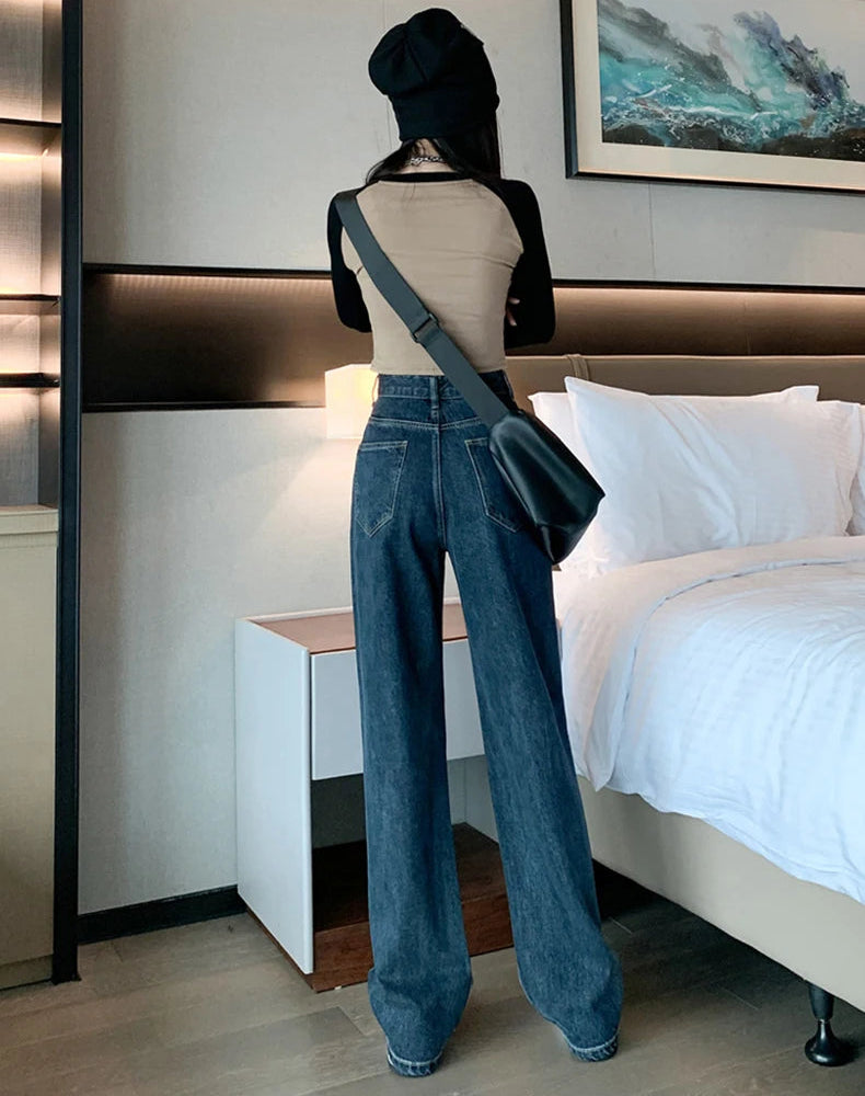 Y2K High Waist Dark Blue Straight Essential Denim Jeans