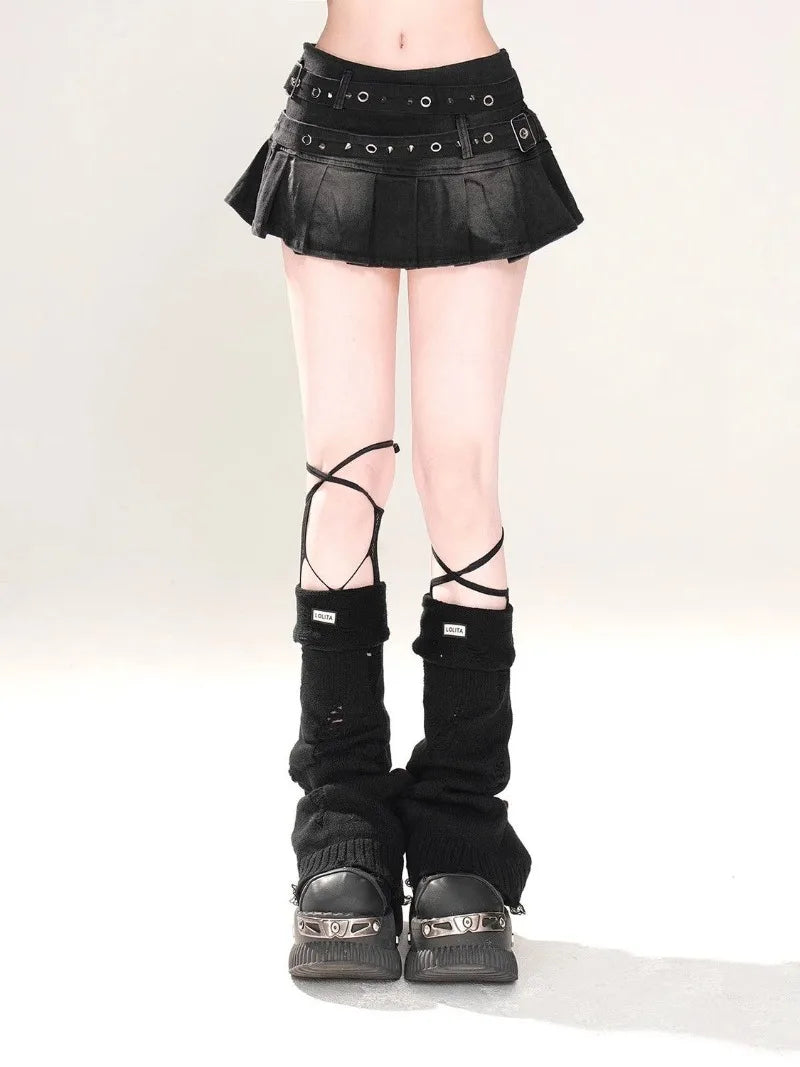 Y2K High Waist Double Belt Pleated Denim Micro Mini Skirt