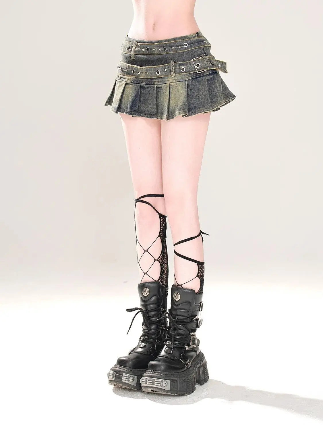 Y2K High Waist Double Belt Pleated Denim Micro Mini Skirt
