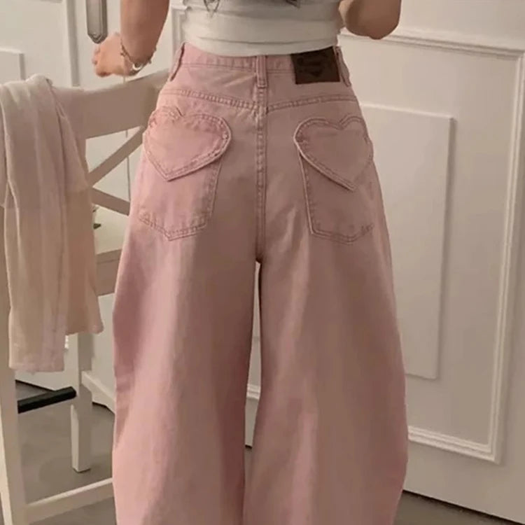 Y2K High Waist Love Heart Denim Jeans