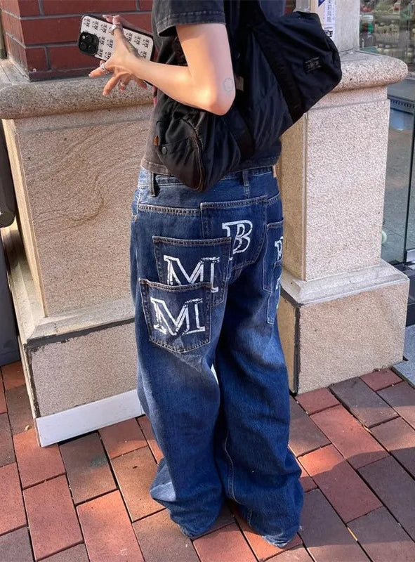 Y2K High Waist Print Graphic Multi Pocket Jeans