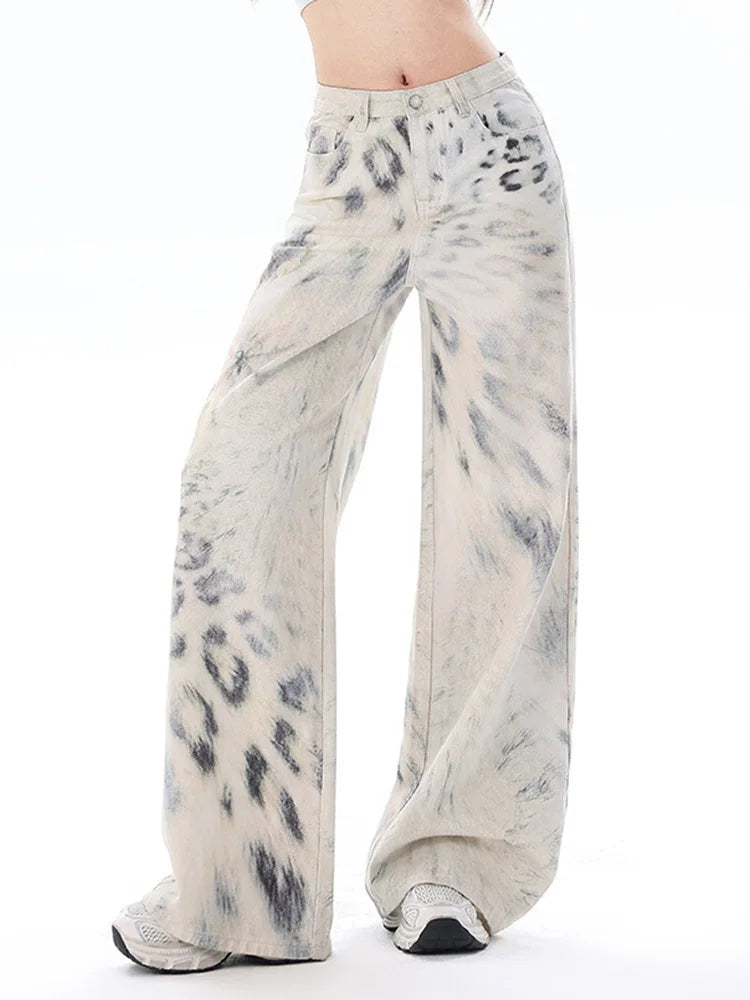 Y2K High Waist Snow Leopard Print Jeans