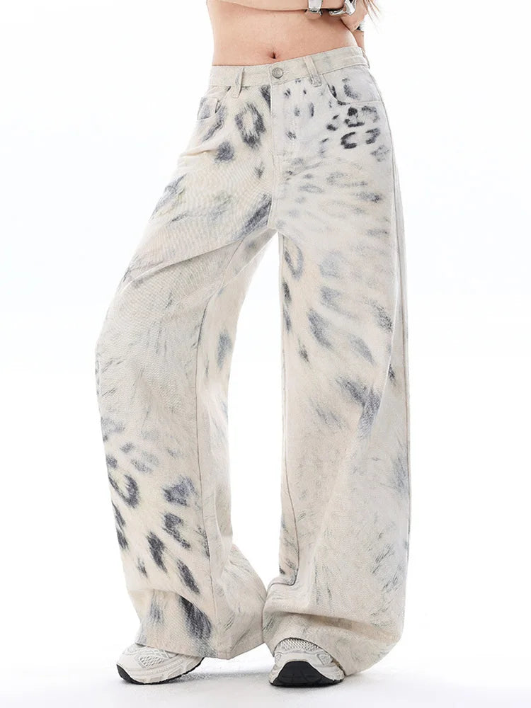 Y2K High Waist Snow Leopard Print Jeans