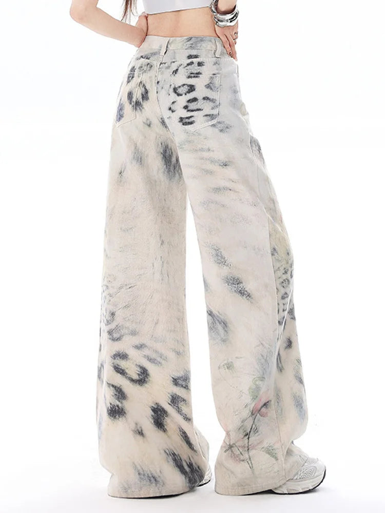 Y2K High Waist Snow Leopard Print Jeans