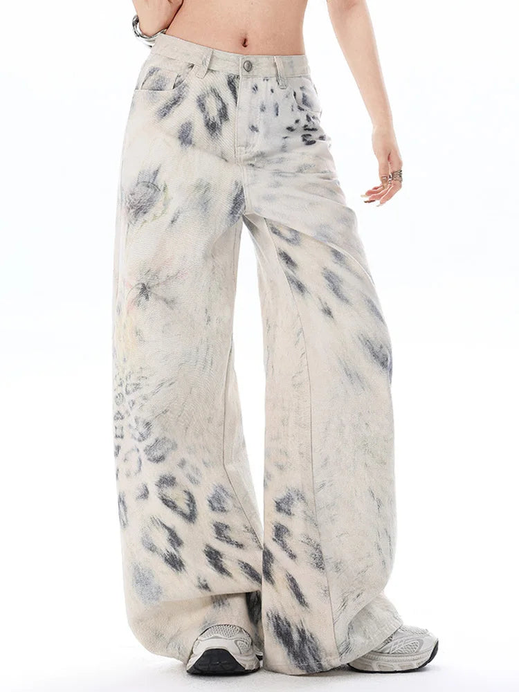 Y2K High Waist Snow Leopard Print Jeans