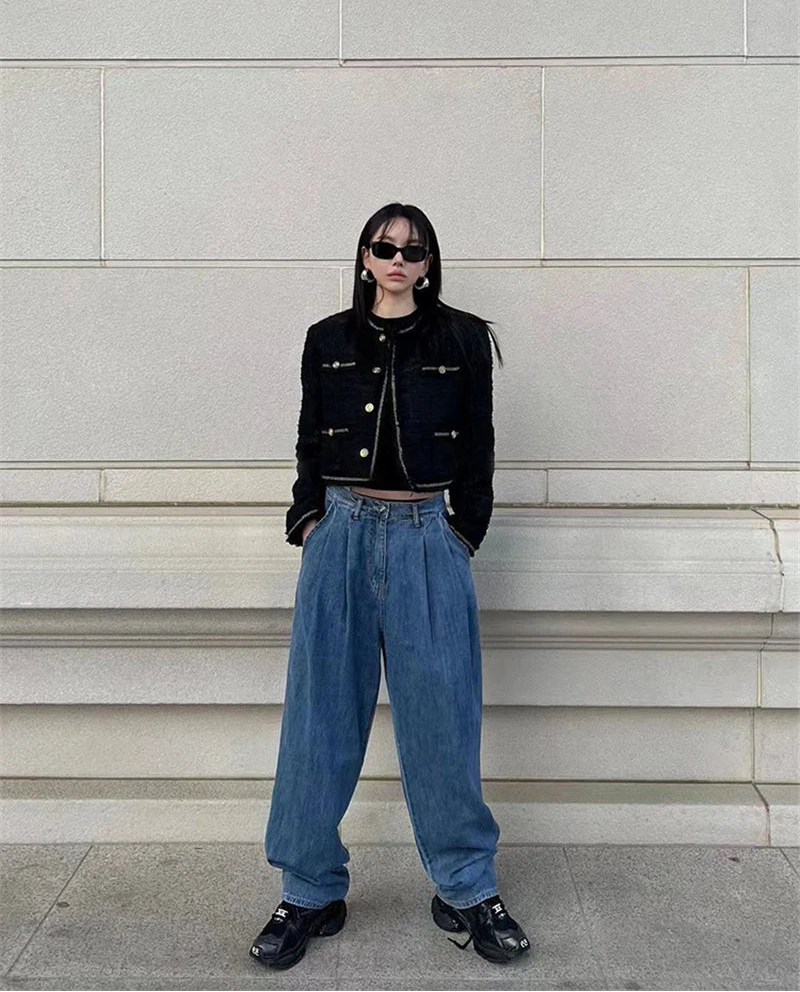 Y2K High Waist Subtle Pleated Denim Jeans