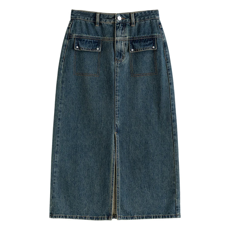 Y2K High Waist Washed Denim Midi Skirt