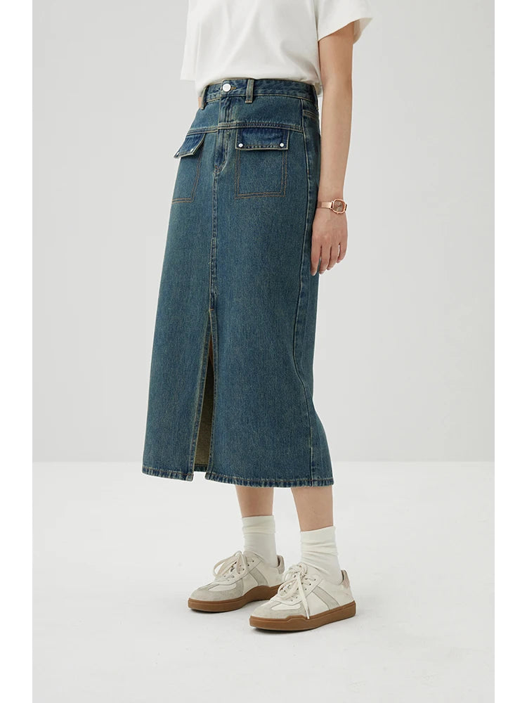 Y2K High Waist Washed Denim Midi Skirt