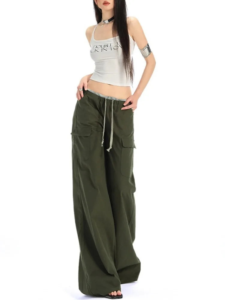 Y2K High Waist Wide Leg Drawstring Cargo Trousers