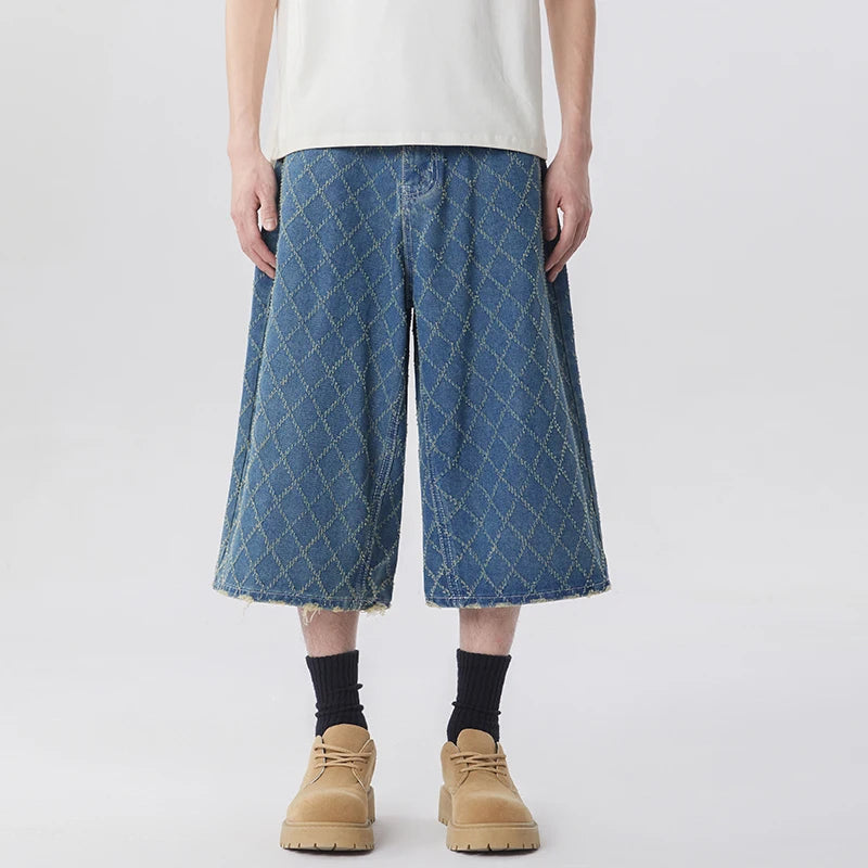 Y2K High Waisted Mens Diamond Pattern Denim Shorts Jorts