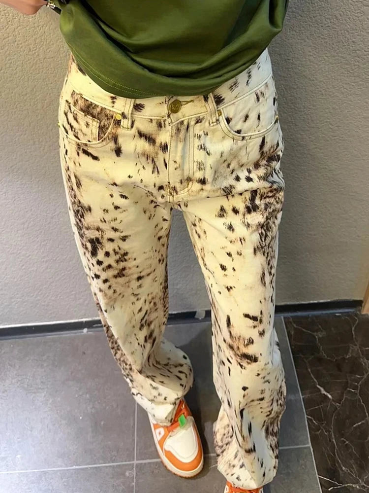 Y2K High Waisted Snow Leopard Denim Jeans