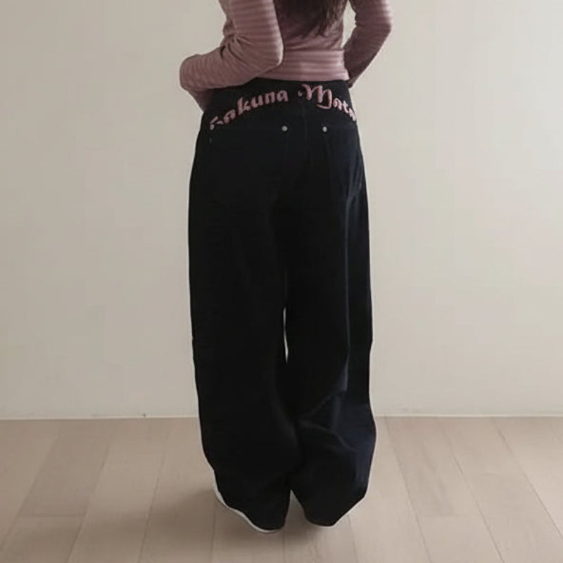 Y2K "Hukuna Matata" Vintage Embroidered Letter Black Baggy Jeans