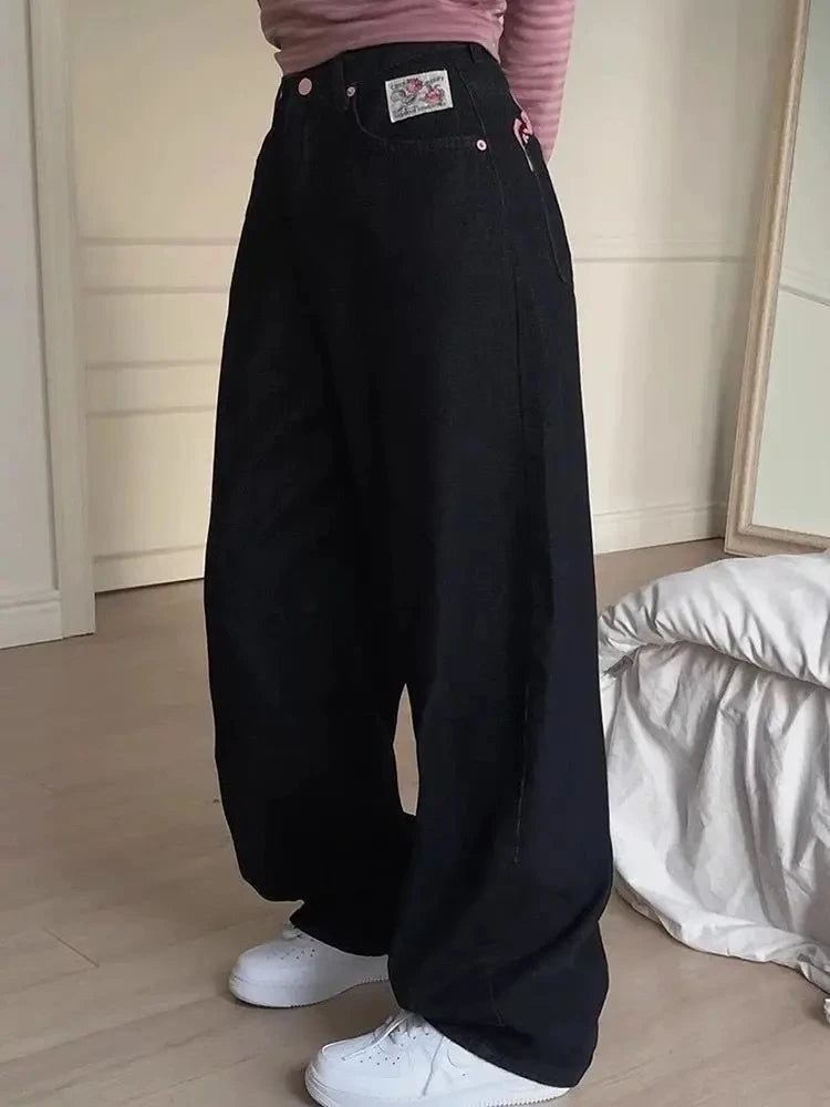 Y2K "Hukuna Matata" Vintage Embroidered Letter Black Baggy Jeans