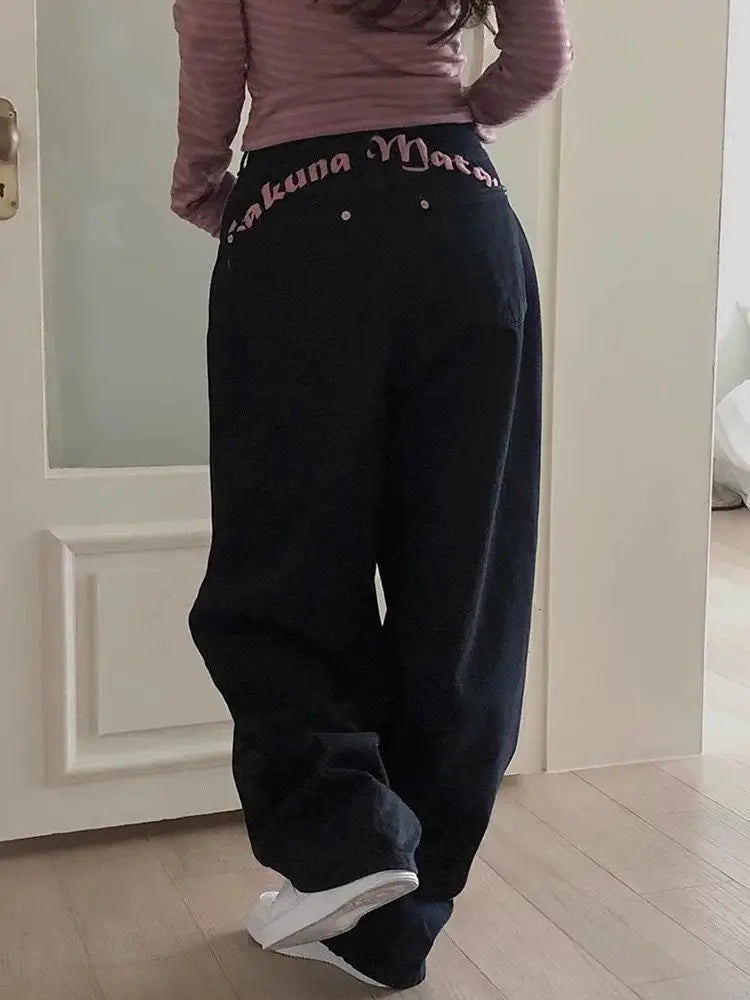 Y2K "Hukuna Matata" Vintage Embroidered Letter Black Baggy Jeans