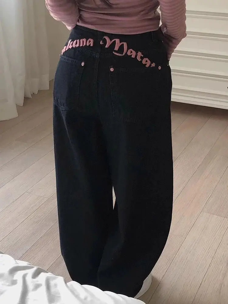 Y2K "Hukuna Matata" Vintage Embroidered Letter Black Baggy Jeans