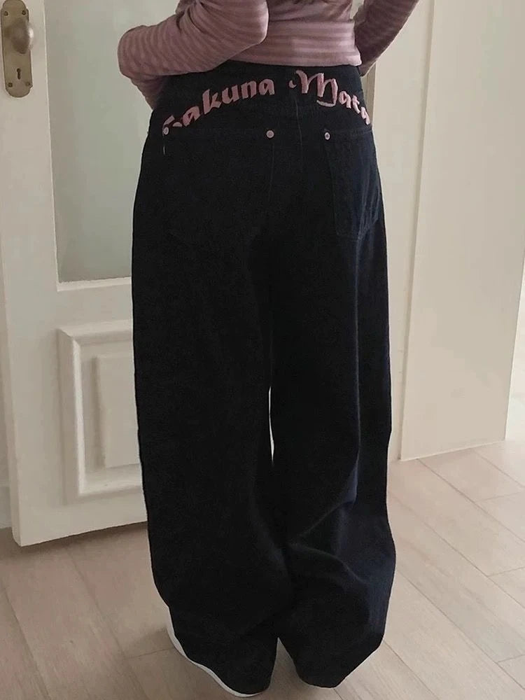 Y2K "Hukuna Matata" Vintage Embroidered Letter Black Baggy Jeans