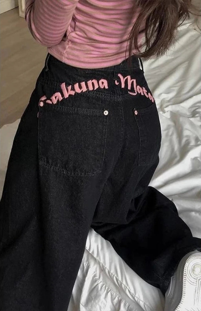 Y2K "Hukuna Matata" Vintage Embroidered Letter Black Baggy Jeans