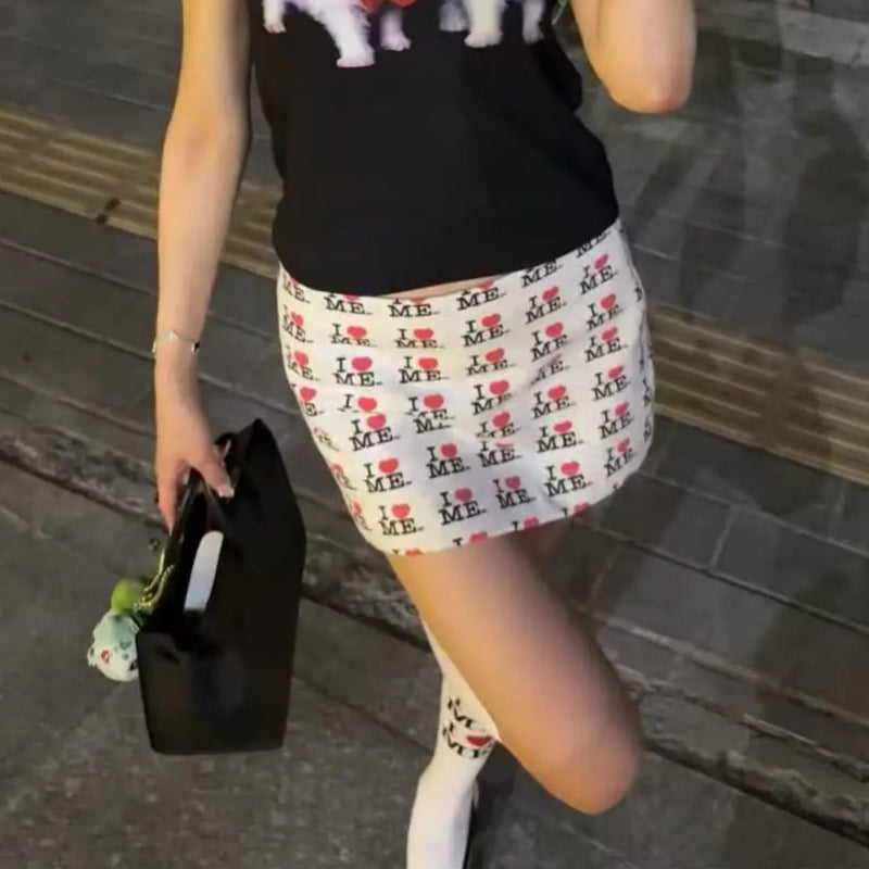 Y2K 'I Love Me' Print Low Waist A Line Mini Skirt