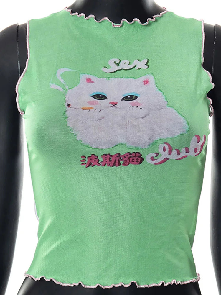 Y2K Kawaii Cat Print Sleeveless Mesh Tank Top