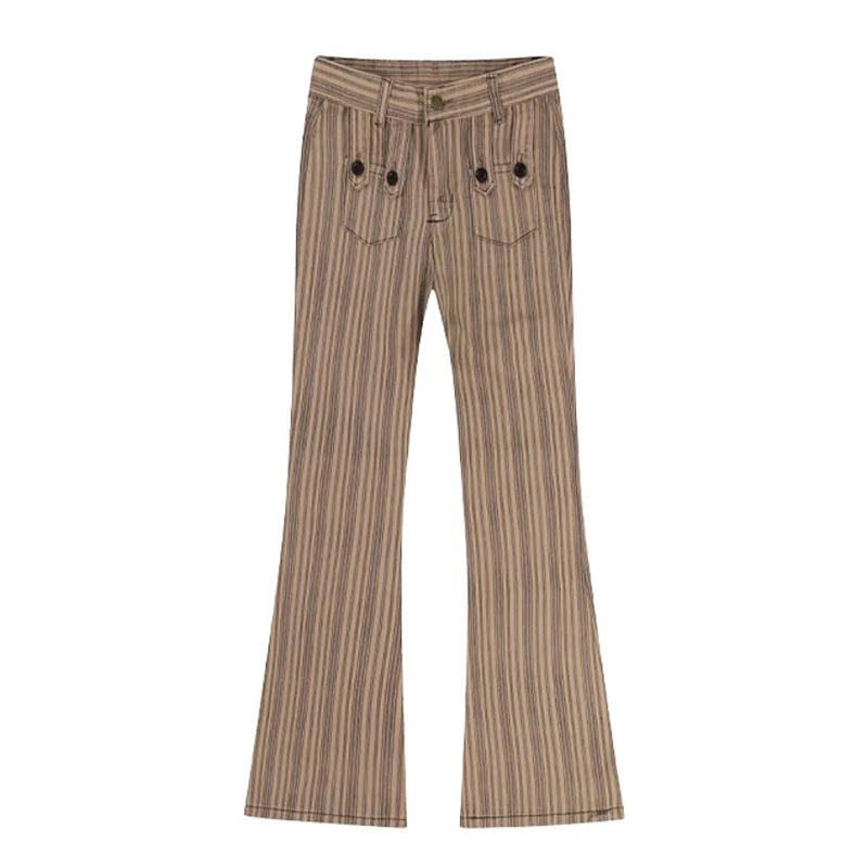 Y2K Khaki Striped Boot Cut Flare Jeans