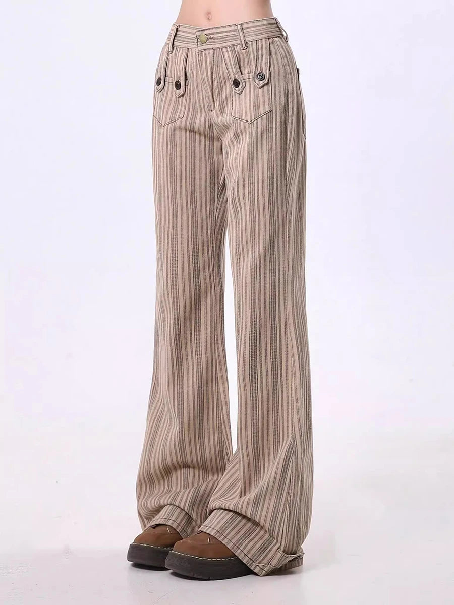 Y2K Khaki Striped Boot Cut Flare Jeans