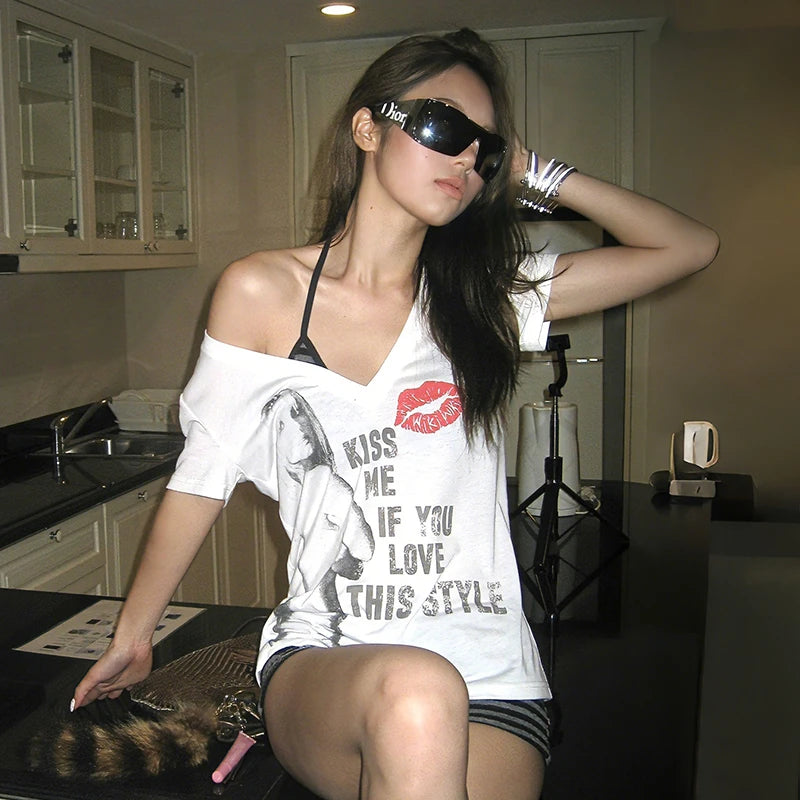Y2K "Kiss Me" Graphic Off Shoulder Top