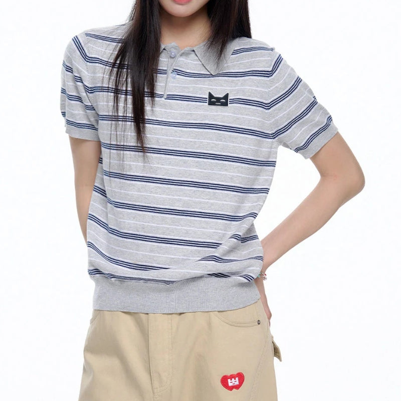 Y2K Kitty Striped Polo Shirt