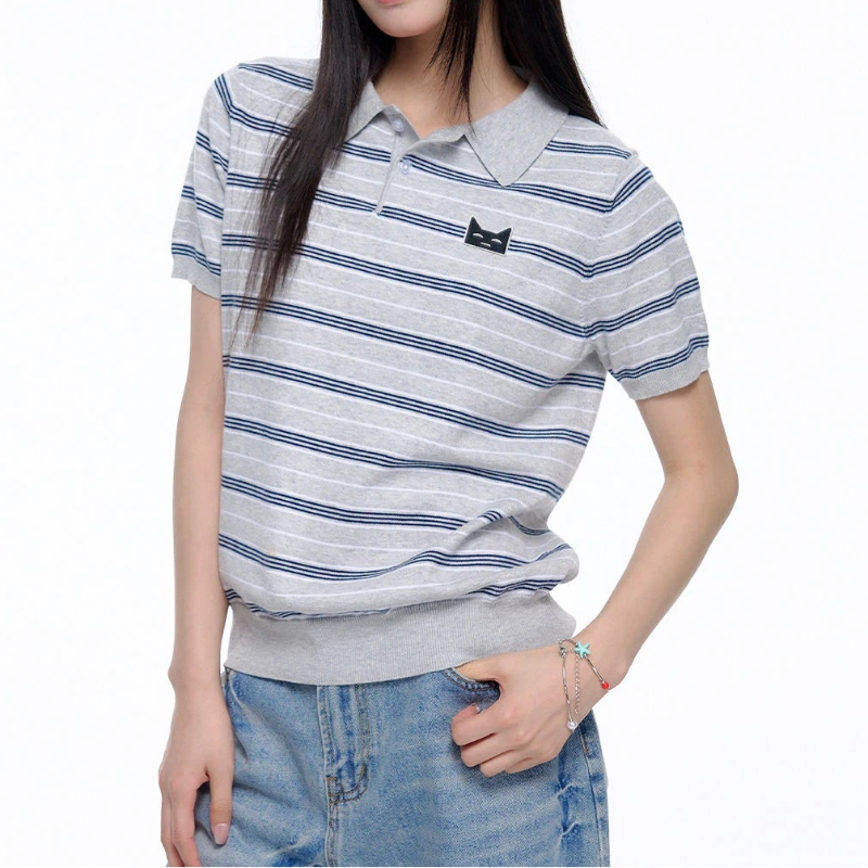 Y2K Kitty Striped Polo Shirt