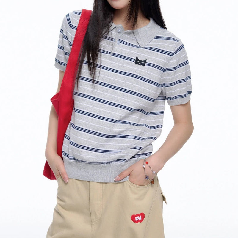 Y2K Kitty Striped Polo Shirt