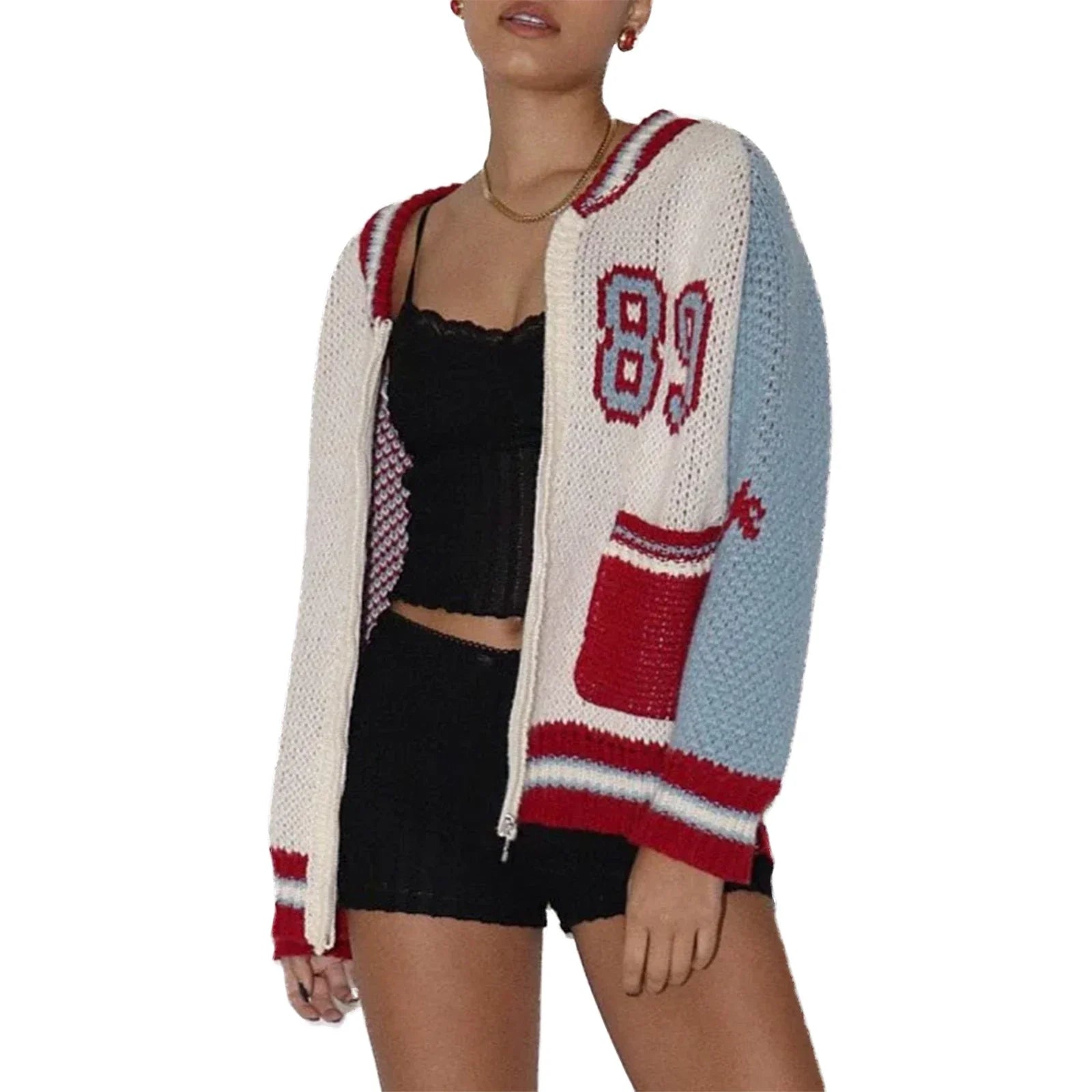 Y2K Knitted Zip Up Varsity Jacket Sweater