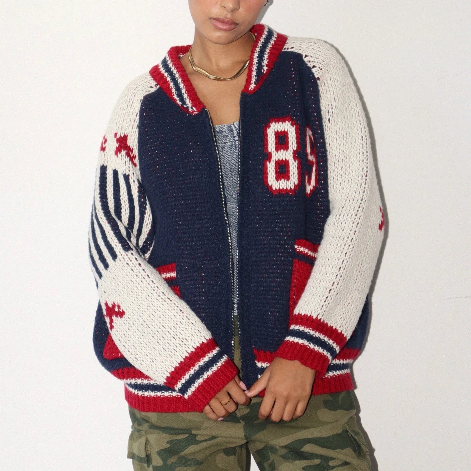 Y2K Knitted Zip Up Varsity Jacket Sweater