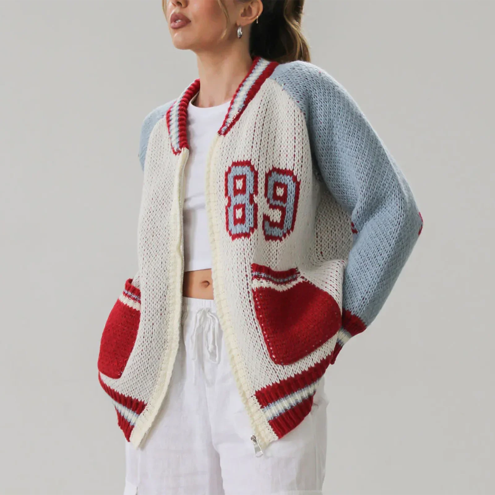 Y2K Knitted Zip Up Varsity Jacket Sweater