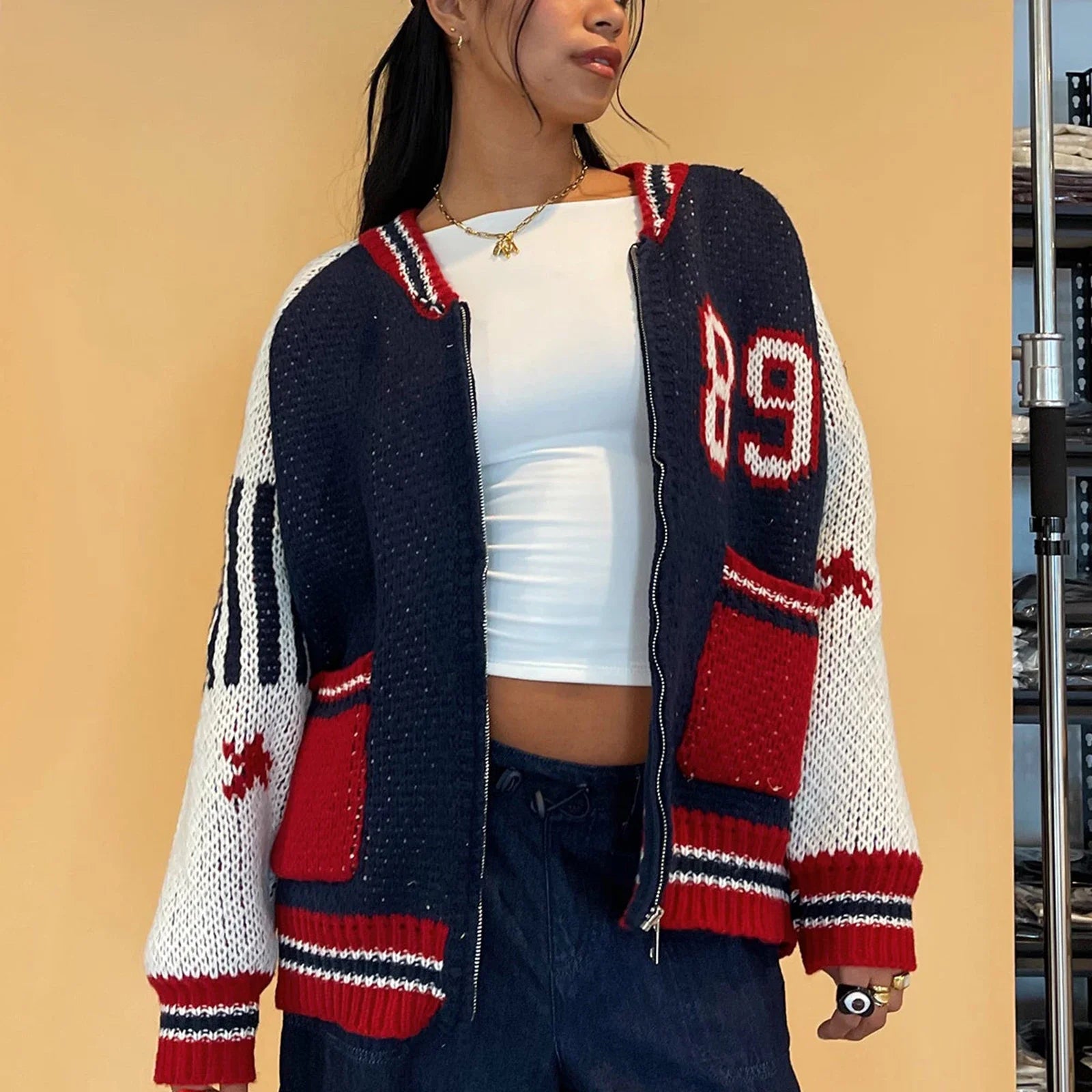 Y2K Knitted Zip Up Varsity Jacket Sweater