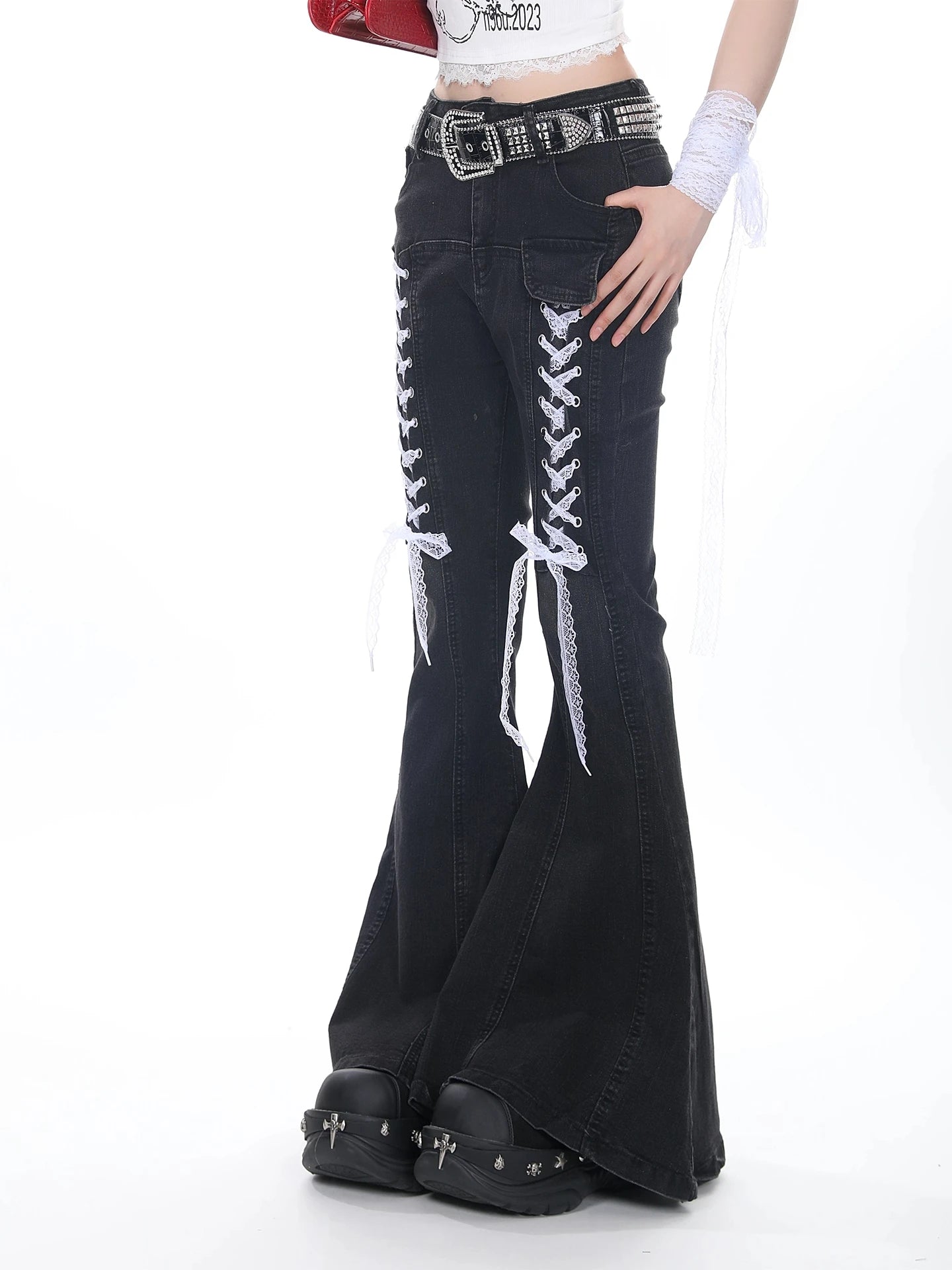 Y2K Lace Gothic Flare Denim Jeans