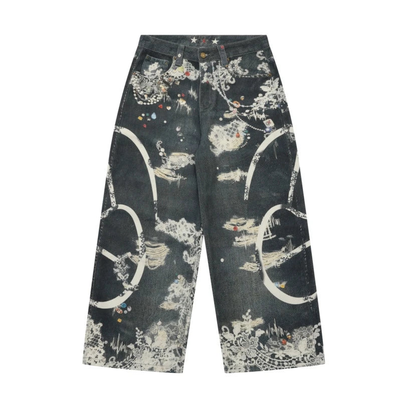 Y2K Lace Print Graphic Mens Jeans