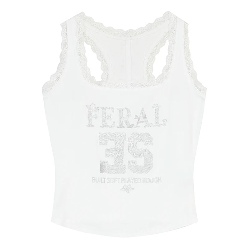 Y2K Lace Trim Feral Graphic Cami Tank Top