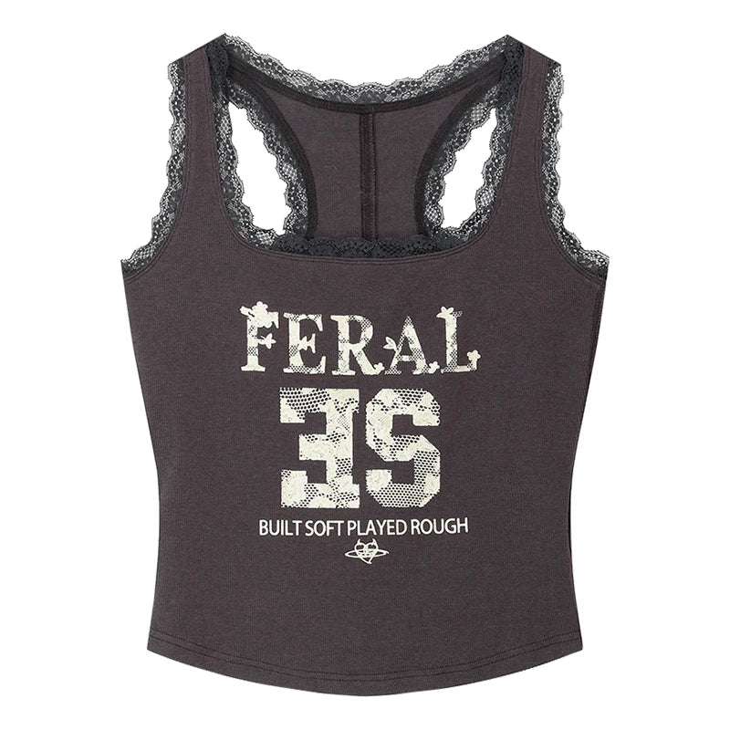 Y2K Lace Trim Feral Graphic Cami Tank Top