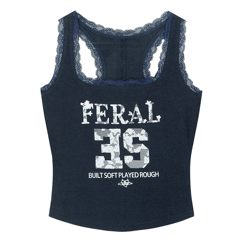 Y2K Lace Trim Feral Graphic Cami Tank Top