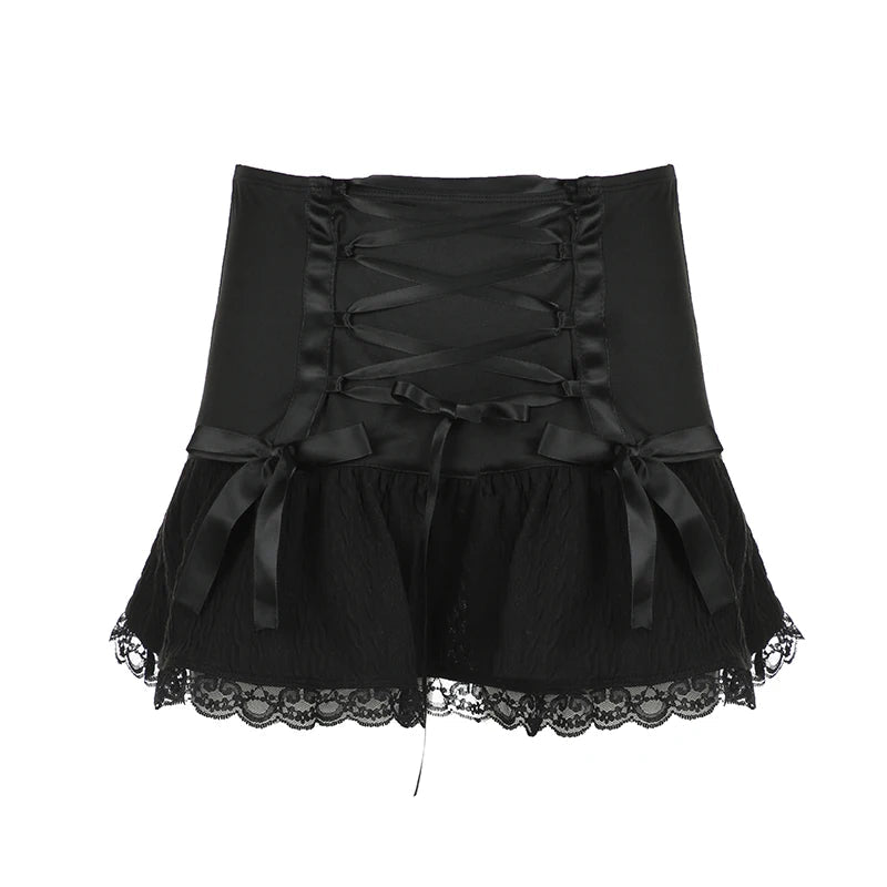 Y2K Lace Trim Mini Skirt Tie Up Mini Skirt