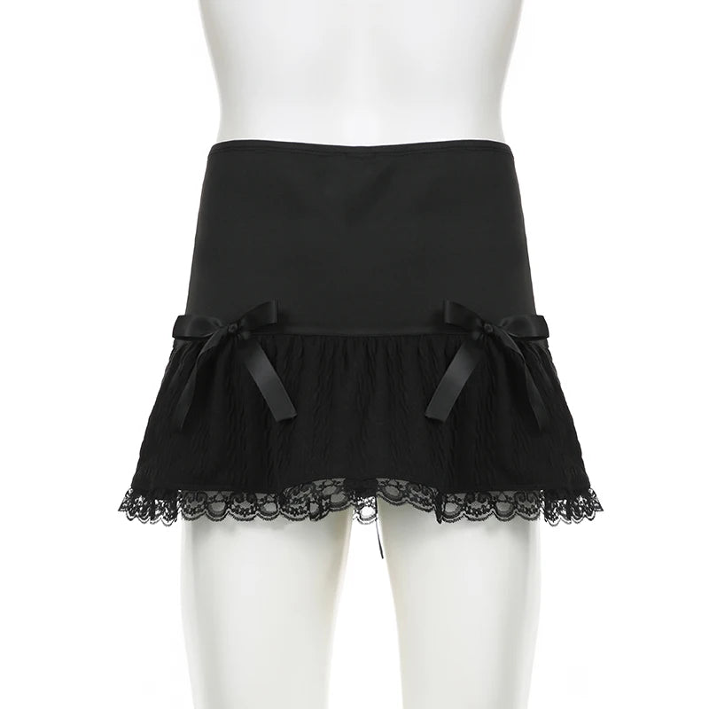 Y2K Lace Trim Mini Skirt Tie Up Mini Skirt