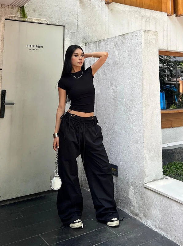 Y2K Lace Up Streetwear Baggy Low Waist Cargo Trousers