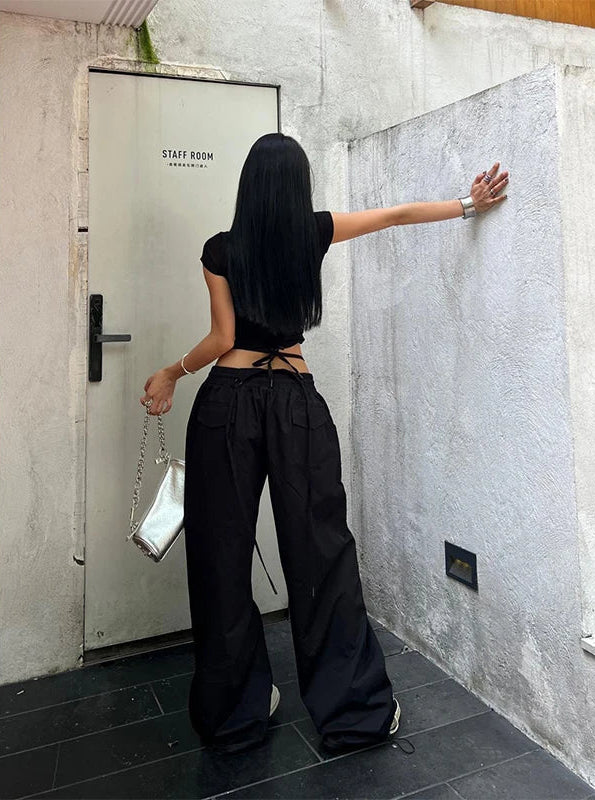 Y2K Lace Up Streetwear Baggy Low Waist Cargo Trousers